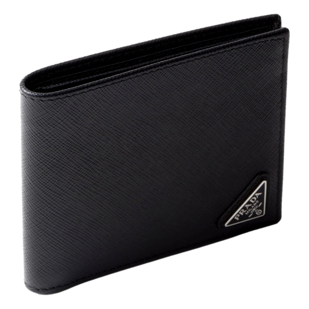 Prada Mens Black Saffiano Leather Bifold Wallet with Triangle